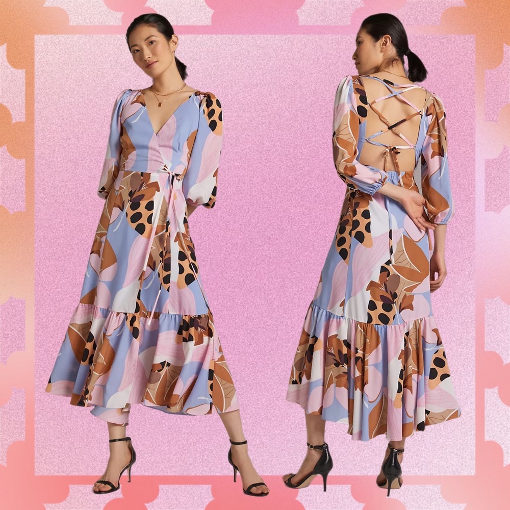 hutch x anthro • bloom wrap midi dress in pink combo mp